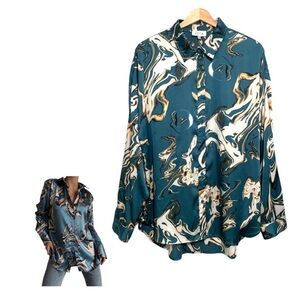 The Buckle x Acoa Teal Abstract Shiny Silky Button Up Blouse Top Size Medium